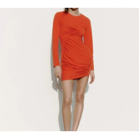 Zara NWT Ruched Seam Dress Red Orange Size Medium Blogger Favorite 4661 321 632 - Picture 8 of 8